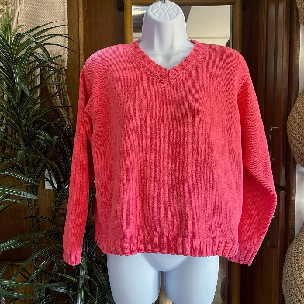 Vintage Cotton Coral Pink Sweater XS/S Jeanne Pierre V-Neck Minimalist Knit 90s